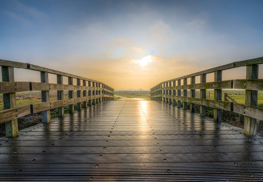 Wooden boardwalk bridge leading to sunrise over wetlands