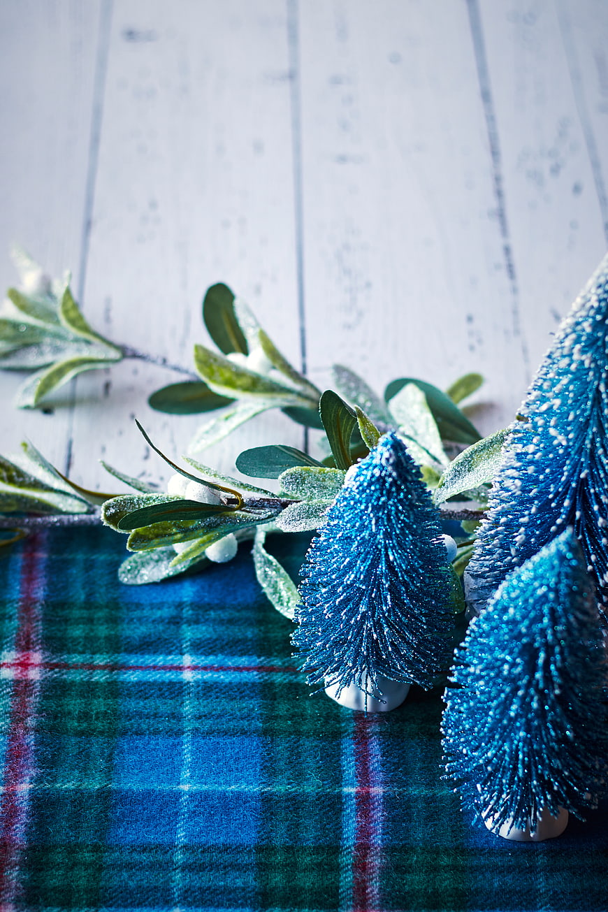 Blue Christmas Trees on Plaid Scarf with Frosty Branches