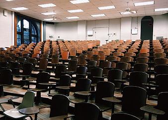 Empty University Lecture Hall with Wooden Desks