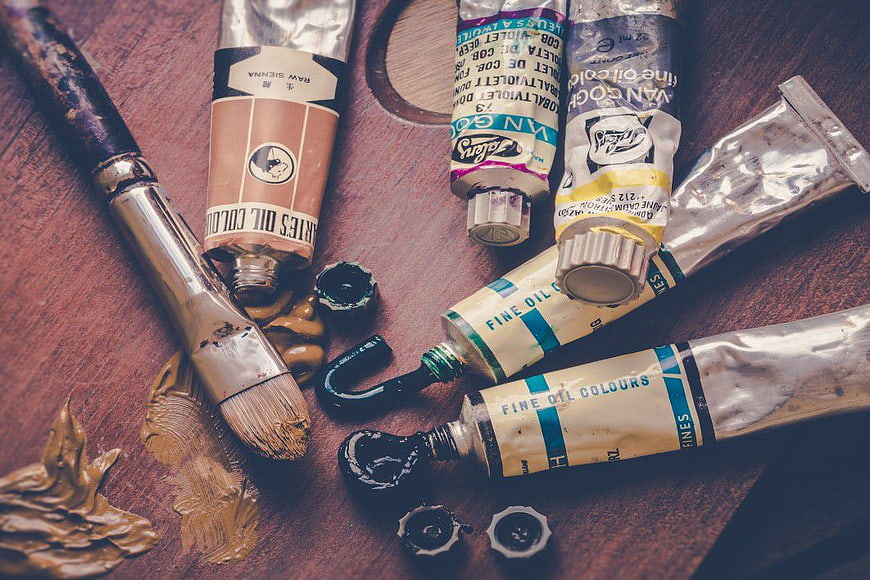 Vintage Oil Paint Tubes and Brush on Wood