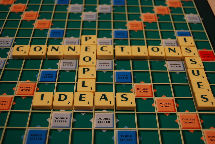 Scrabble tiles spelling connections and ideas on game board