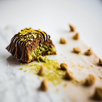 Close-up of Pistachio Baklava with Chocolate and Nuts
