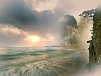 Dreamy Coastal Landscape With Misty Cliffs And Sunset