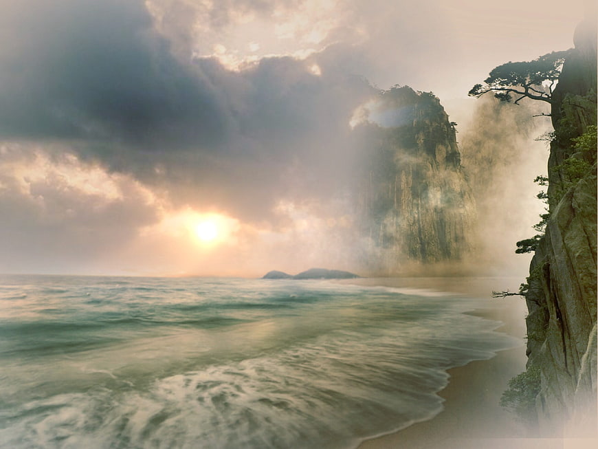 Dreamy Coastal Landscape With Misty Cliffs And Sunset
