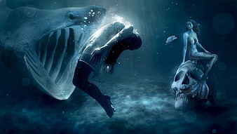 Dark Fantasy Underwater Scene with Shark and Mermaid