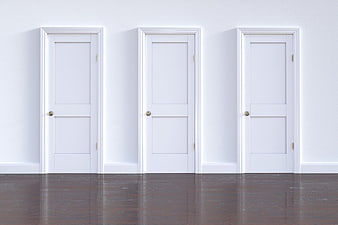 Three White Interior Doors On Wall With Dark Wood Floor
