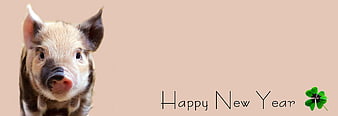 Cute Piglet with Happy New Year Text and Four Leaf Clover