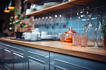 Modern kitchen counter with glassware and wooden shelves