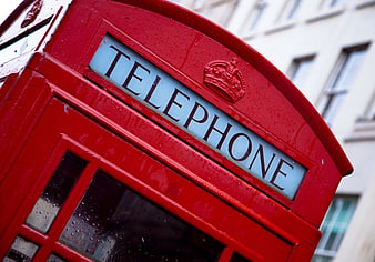 Close-up of classic red British telephone box in London