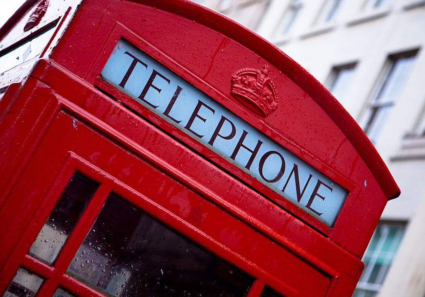 Close-up of classic red British telephone box in London