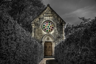Gothic Chapel with Colorful Rose Window in Black and White