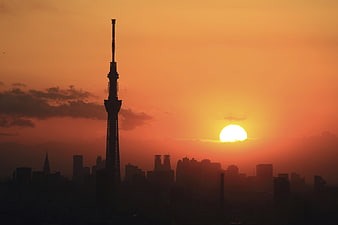 Tokyo Skytree Silhouette at Vibrant Orange Sunset
