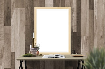 Wooden Poster Mockup On Rustic Desk With Book And Plants