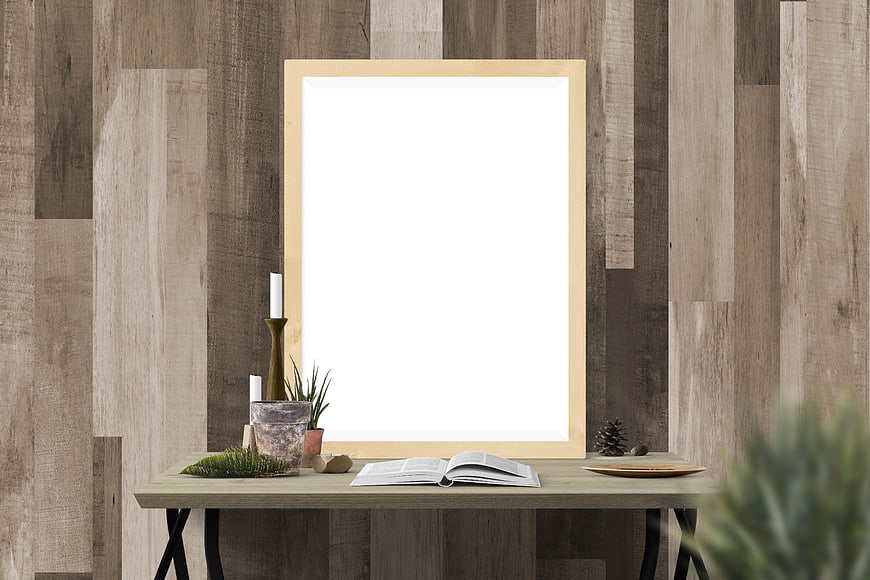 Wooden Poster Mockup On Rustic Desk With Book And Plants