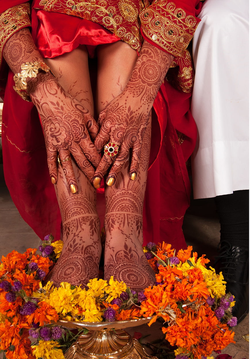 Traditional Indian Bride Mehndi Hands and Feet with Marigolds