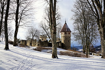 Snowy Castle Ruins in Winter Forest Landscape