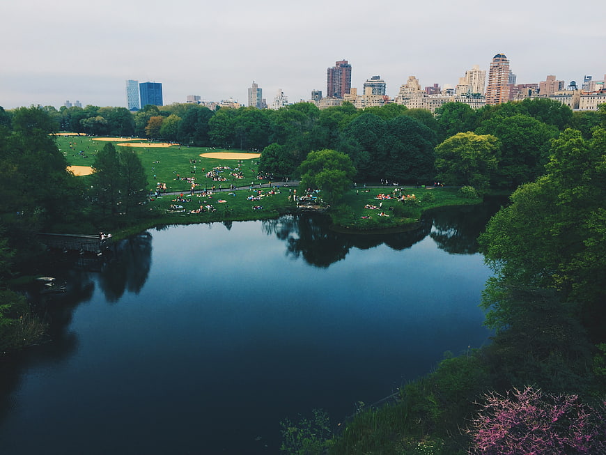 Aerial View of Sheep Meadow and Lake in Central Park New York