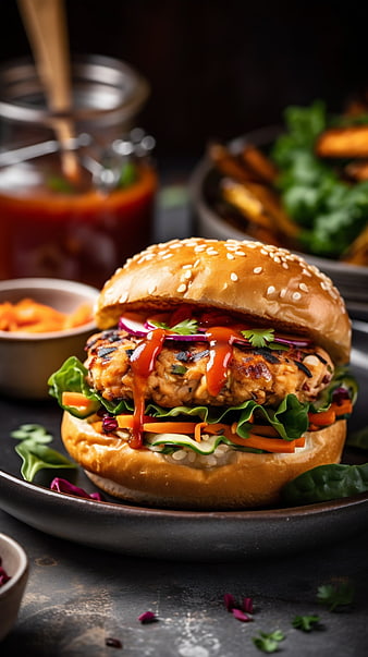 Close-up of a juicy vegan burger with sweet and sour sauce