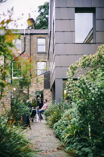 People relaxing in a lush urban garden courtyard