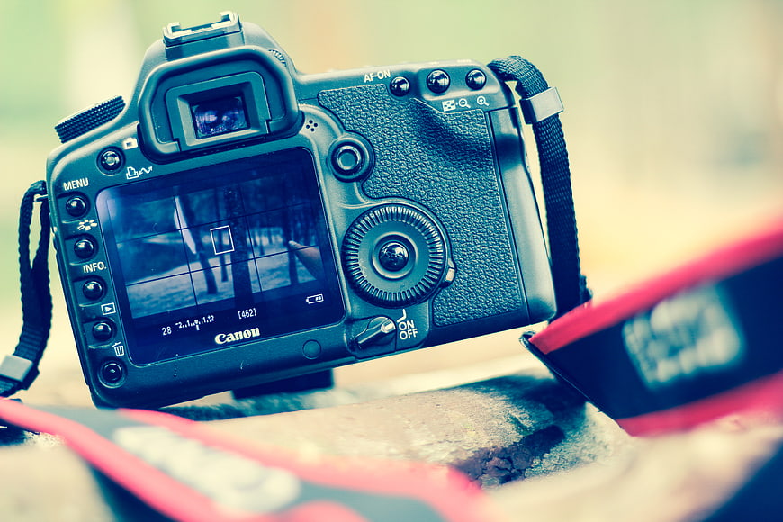 Close-up of Canon DSLR Camera with Red Strap