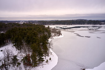 Aerial view of frozen lake surrounded by snowy pine forest