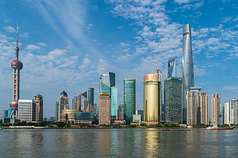 Shanghai Pudong Skyline with Skyscrapers and River View