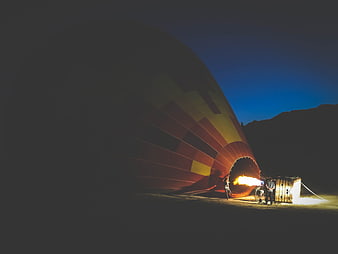 Hot Air Balloon Inflation at Night with Burner Flame