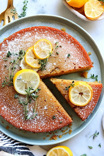 Overhead view of lemon cake with thyme and powdered sugar