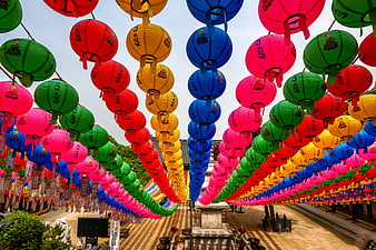 Colorful Korean Lanterns Hanging Over Temple Courtyard