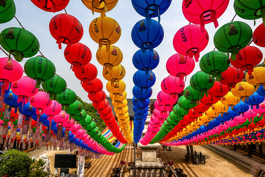 Colorful Korean Lanterns Hanging Over Temple Courtyard