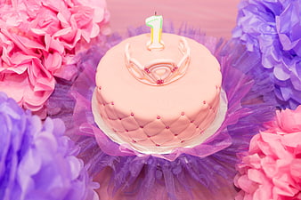 Pink First Birthday Cake with Crown and Tissue Flowers