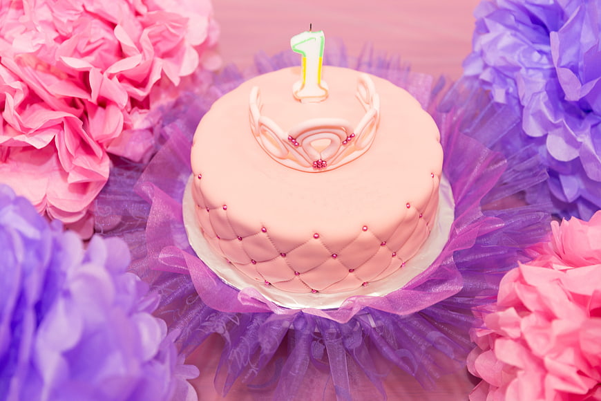 Pink First Birthday Cake with Crown and Tissue Flowers