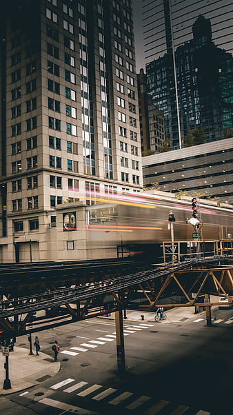 Long Exposure Urban Train Passing Skyscrapers