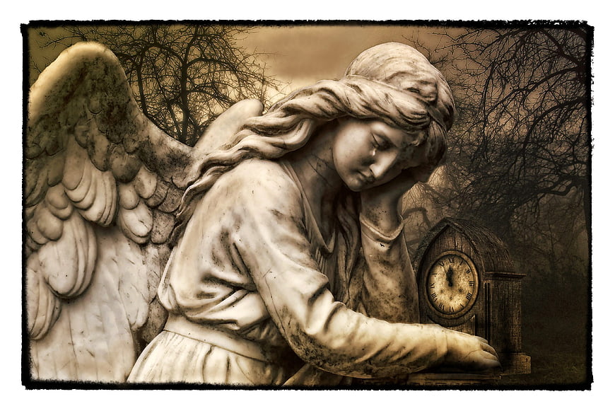 Gothic Angel Statue With Antique Clock In Dark Forest