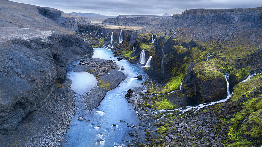 Dramatic Icelandic Canyon with Waterfalls and River