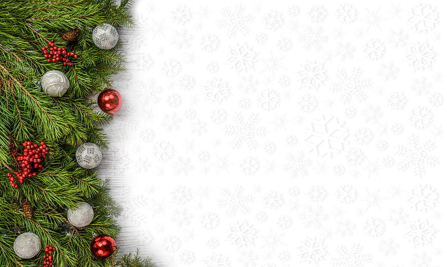 Christmas Pine Branches and Ornaments on White Snowflake Background