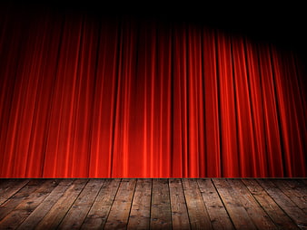 Empty wooden stage with red velvet curtain background