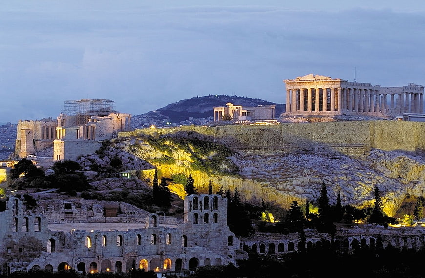 Acropolis and Parthenon at Dusk in Athens, Greece