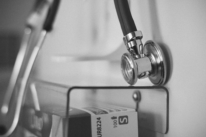 Close-up of stethoscope and medical supplies in clinic