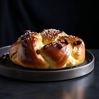 Golden braided challah bread with raisins and sesame seeds on dark plate