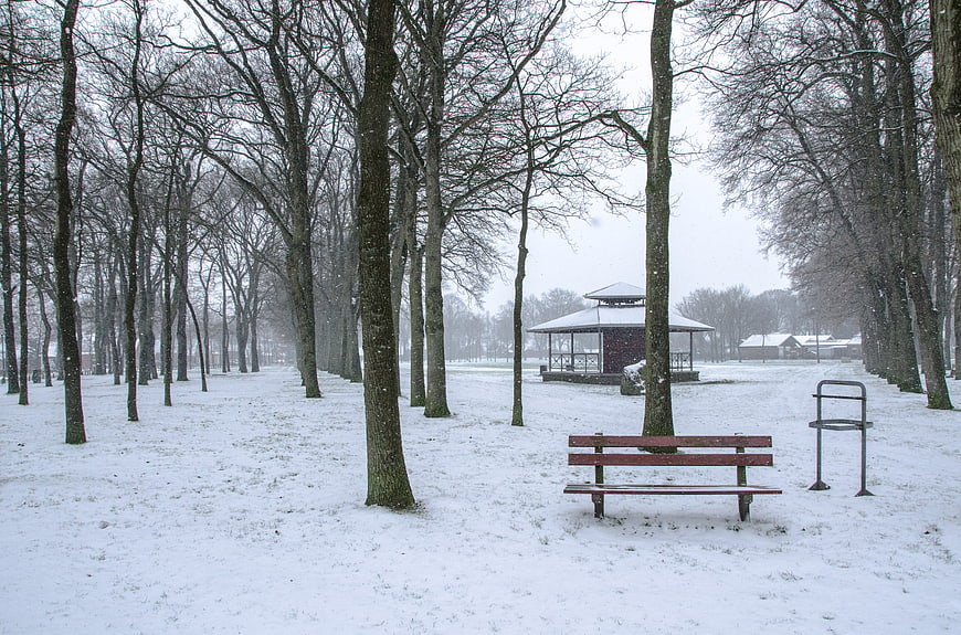 Snowy park with red bench and gazebo in winter