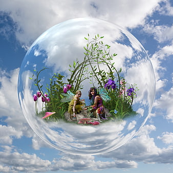 Two fairies in a magical bubble floating in the sky