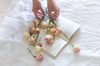 Hands arranging pink and white flowers on an open book