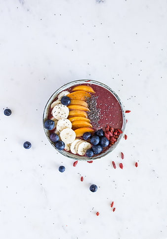 Top View Vegan Smoothie Bowl with Fresh Fruit Toppings