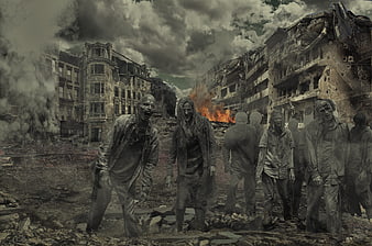 Horde of zombies walking through a destroyed city street