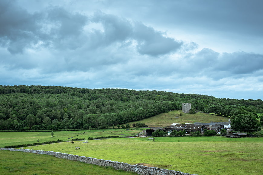 Rural landscape with stone tower and farm buildings