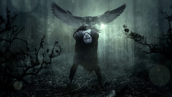Dark fantasy woman with owl in misty forest
