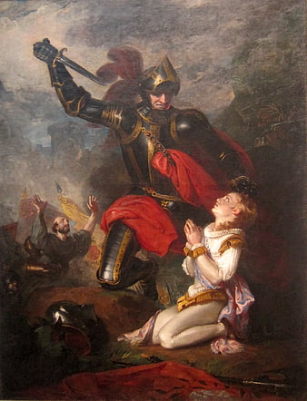Historical Oil Painting of Knight Raising Sword Over Kneeling Woman