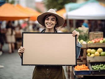 Smiling woman holding blank sign at farmers market