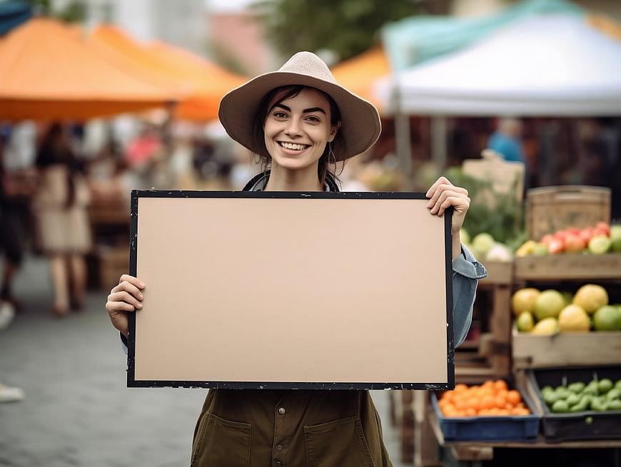 Smiling woman holding blank sign at farmers market